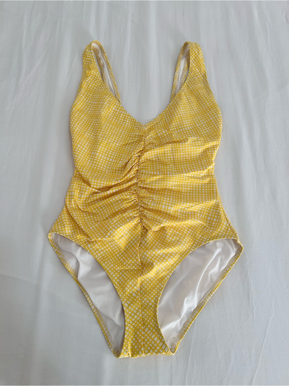 SOLID & STRIPED Yellow Ruched One-Piece Swimsuit with White Check size M